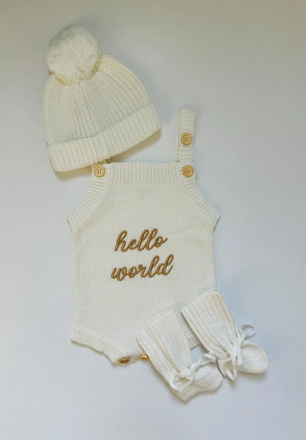 Newborn Knit Romper Set – Hello World, LITTLE SISTER and LITTLE BROTHER Embroidered Baby Outfit with Hat & Booties or Headband | Soft Coming Home Outfit