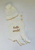 Newborn Knit Romper Set – Hello World, LITTLE SISTER and LITTLE BROTHER Embroidered Baby Outfit with Hat & Booties or Headband | Soft Coming Home Outfit