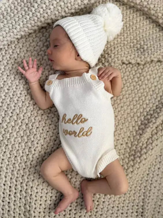 Newborn Knit Romper Set – Hello World, LITTLE SISTER and LITTLE BROTHER Embroidered Baby Outfit with Hat & Booties or Headband | Soft Coming Home Outfit