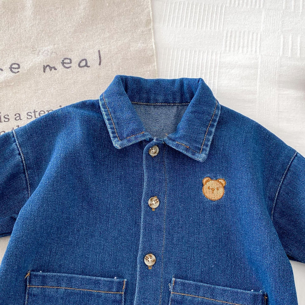 Autumn and Spring Arrival Baby Unisex Long Sleeves Cartoon Pattern Single Breasted Denim Rompers