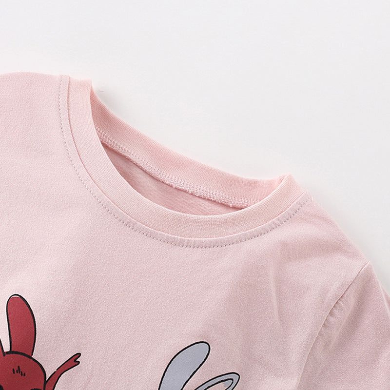 Summer Arrival Girls’ Rabbit Dancers Cartoon Pattern Short Sleeves T-shirt in European and American Style
