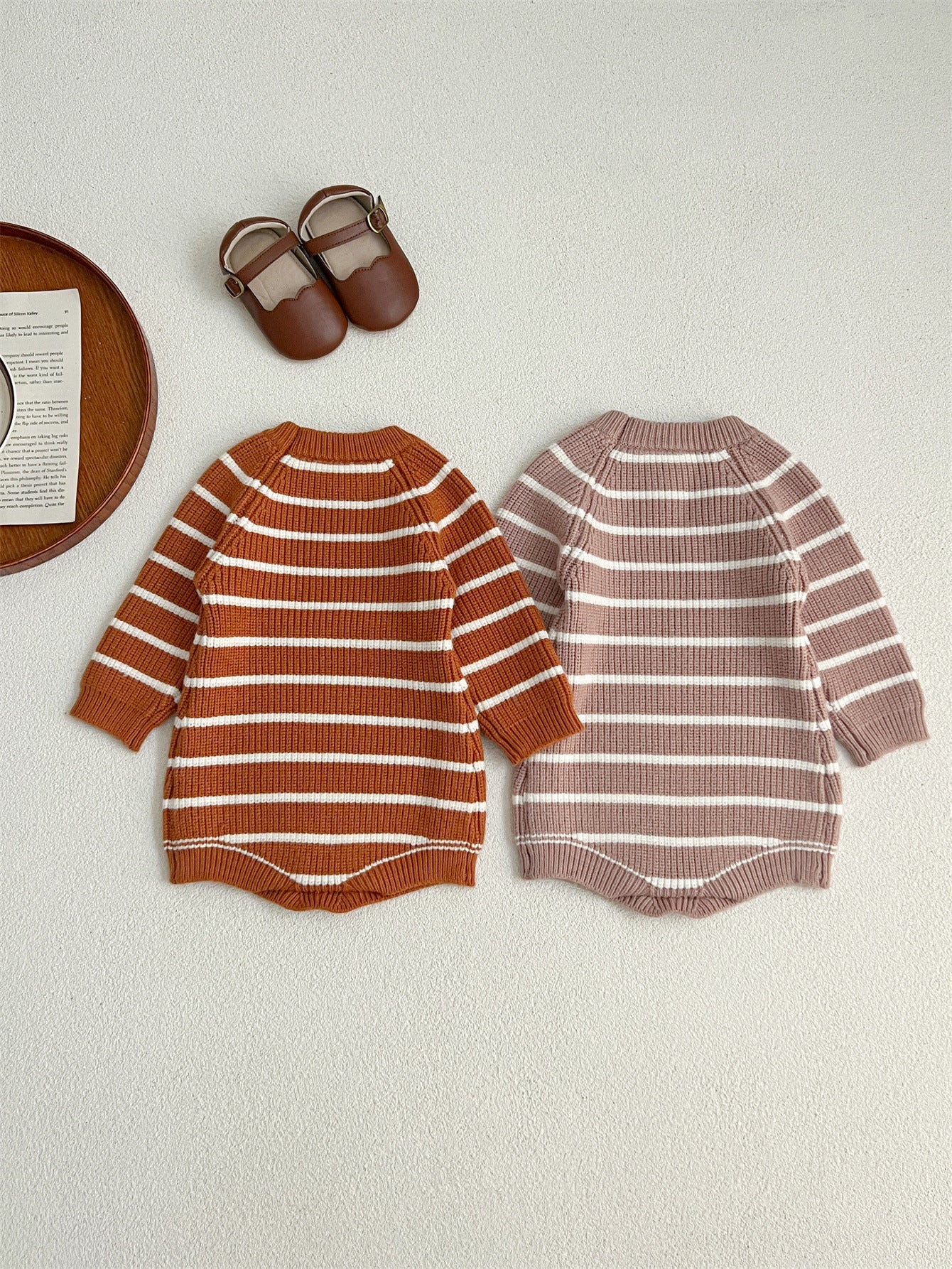 Autumn Arrival Baby Unisex Long Sleeves Striped Crew Neck Knitted Onesies