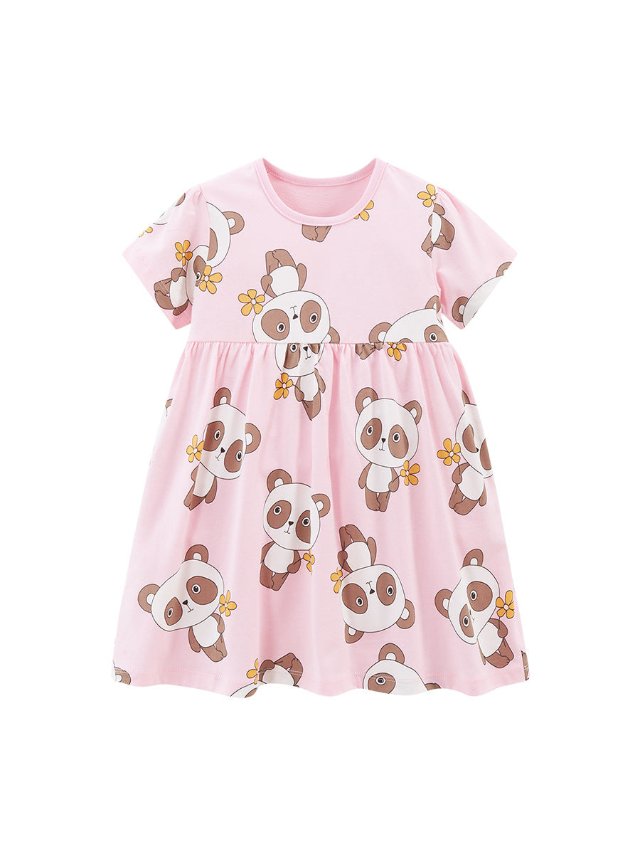 Spring And Summer Baby Girls Pink Short Sleeves Panda Animals Collection Dress