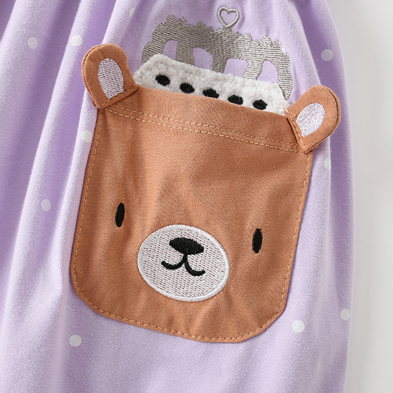 Summer Arrival Cartoon Teddy Bear and Dots Pattern Short Sleeves Dress for Stylish Girls