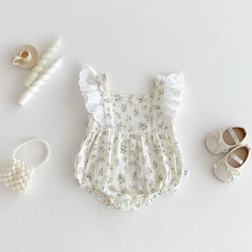 Summer Arrival Baby Girls Floral Pattern Fly Sleeves Onesies