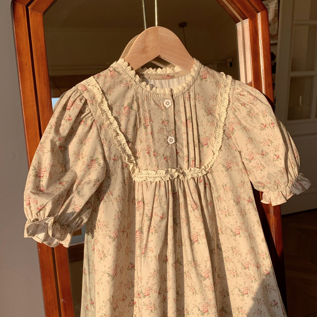 Summer Arrival French Flowers Pattern Short Puff Sleeves Dress for Stylish Girls