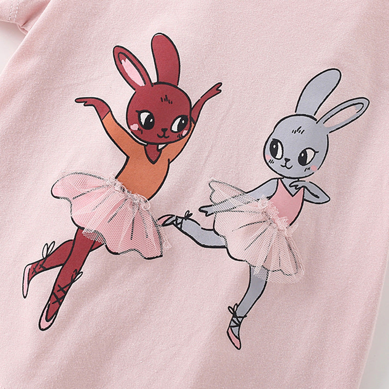 Summer Arrival Girls’ Rabbit Dancers Cartoon Pattern Short Sleeves T-shirt in European and American Style