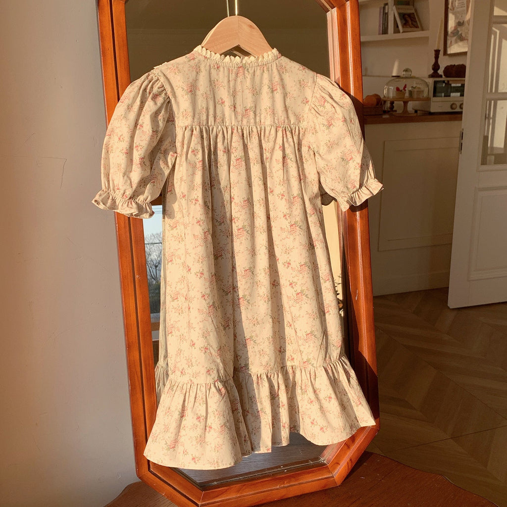 Summer Arrival French Flowers Pattern Short Puff Sleeves Dress for Stylish Girls