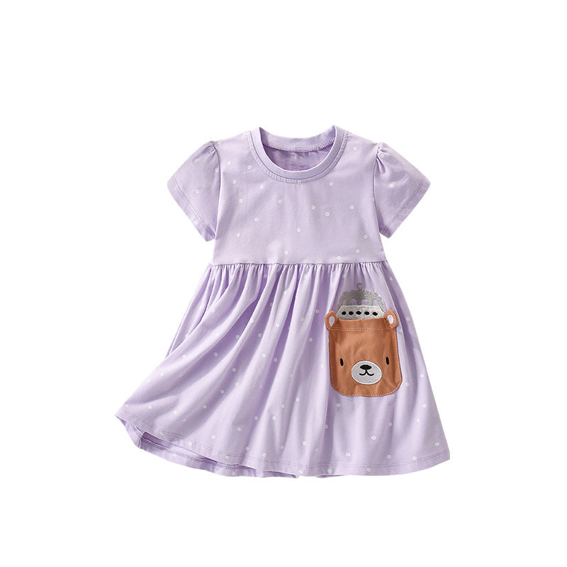 Summer Arrival Cartoon Teddy Bear and Dots Pattern Short Sleeves Dress for Stylish Girls