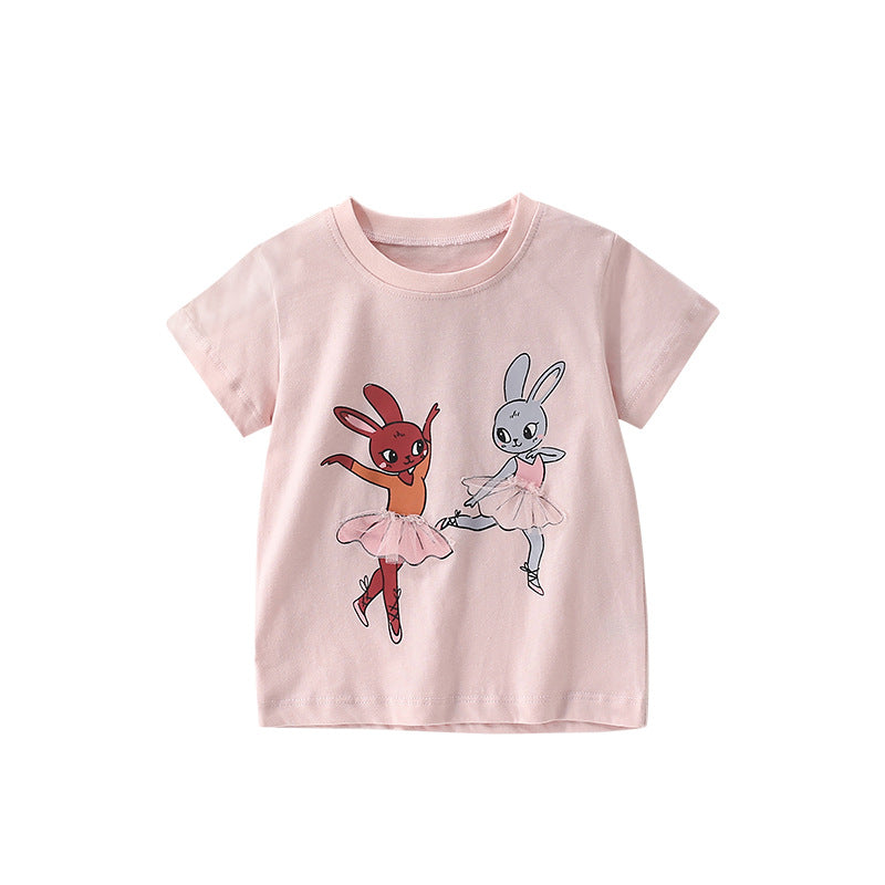Summer Arrival Girls’ Rabbit Dancers Cartoon Pattern Short Sleeves T-shirt in European and American Style