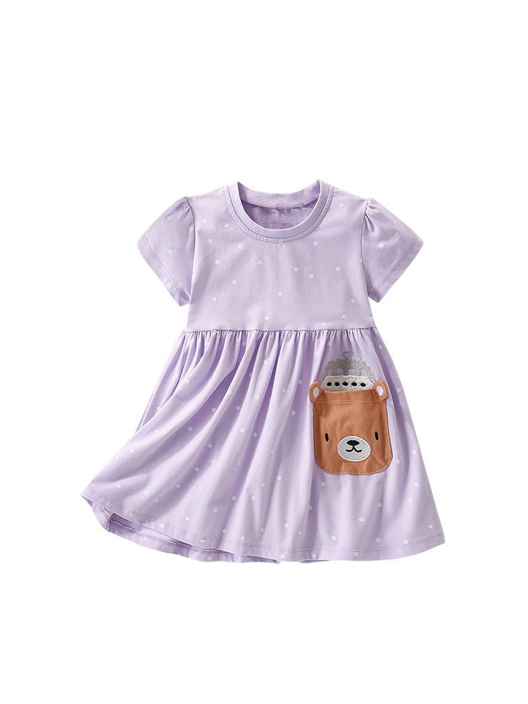 Summer Arrival Cartoon Teddy Bear and Dots Pattern Short Sleeves Dress for Stylish Girls