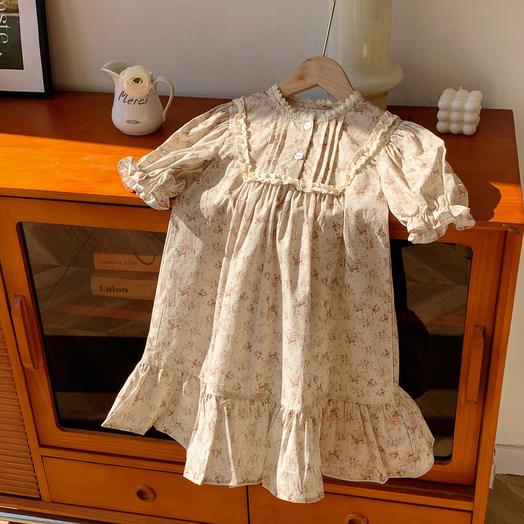 Summer Arrival French Flowers Pattern Short Puff Sleeves Dress for Stylish Girls