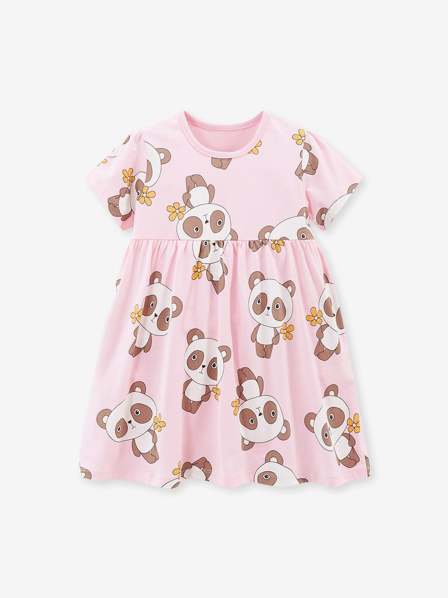 Spring And Summer Baby Girls Pink Short Sleeves Panda Animals Collection Dress