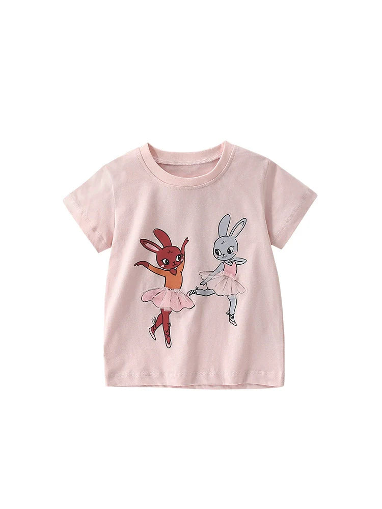 Summer Arrival Girls’ Rabbit Dancers Cartoon Pattern Short Sleeves T-shirt in European and American Style