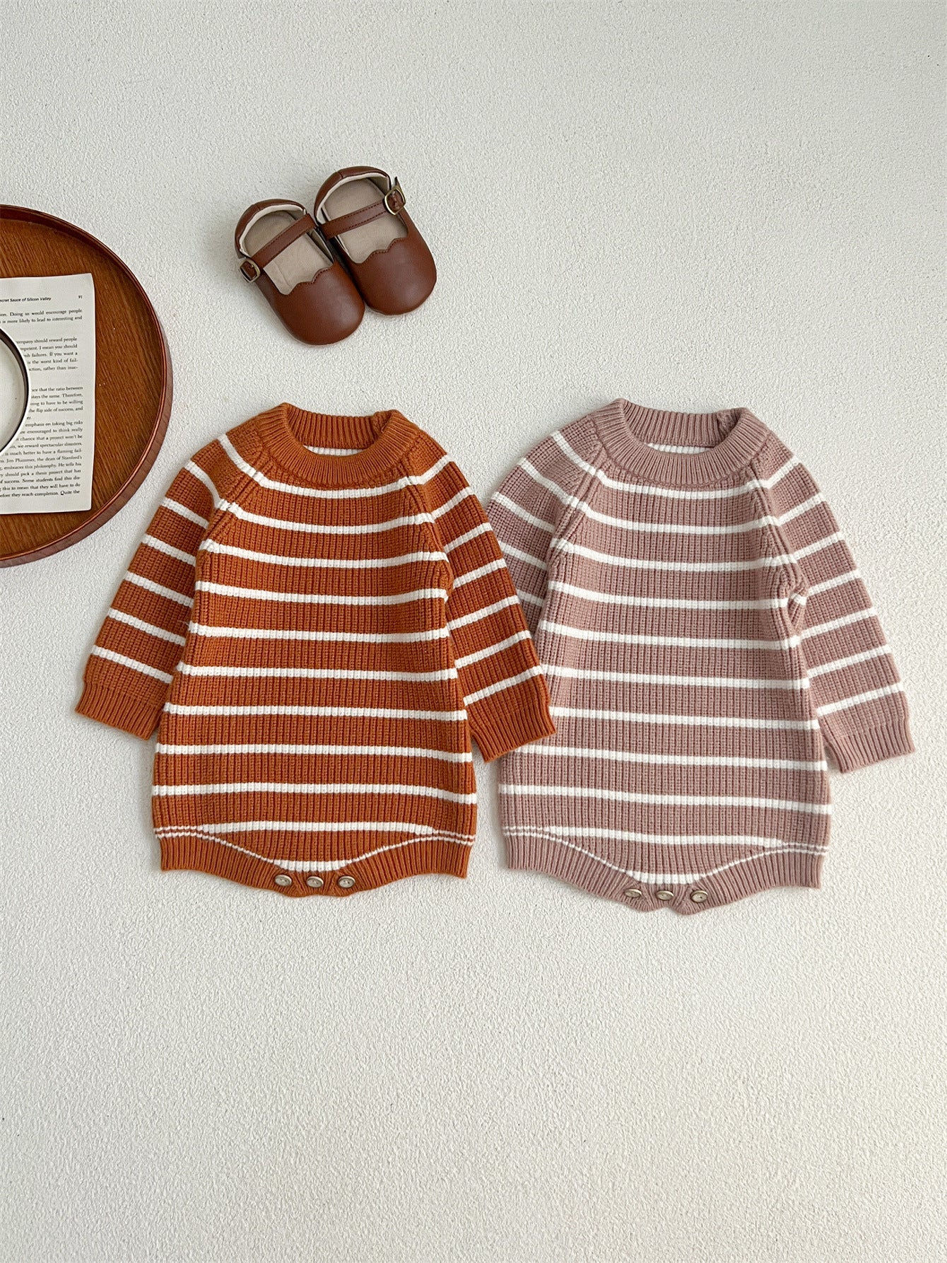 Autumn Arrival Baby Unisex Long Sleeves Striped Crew Neck Knitted Onesies